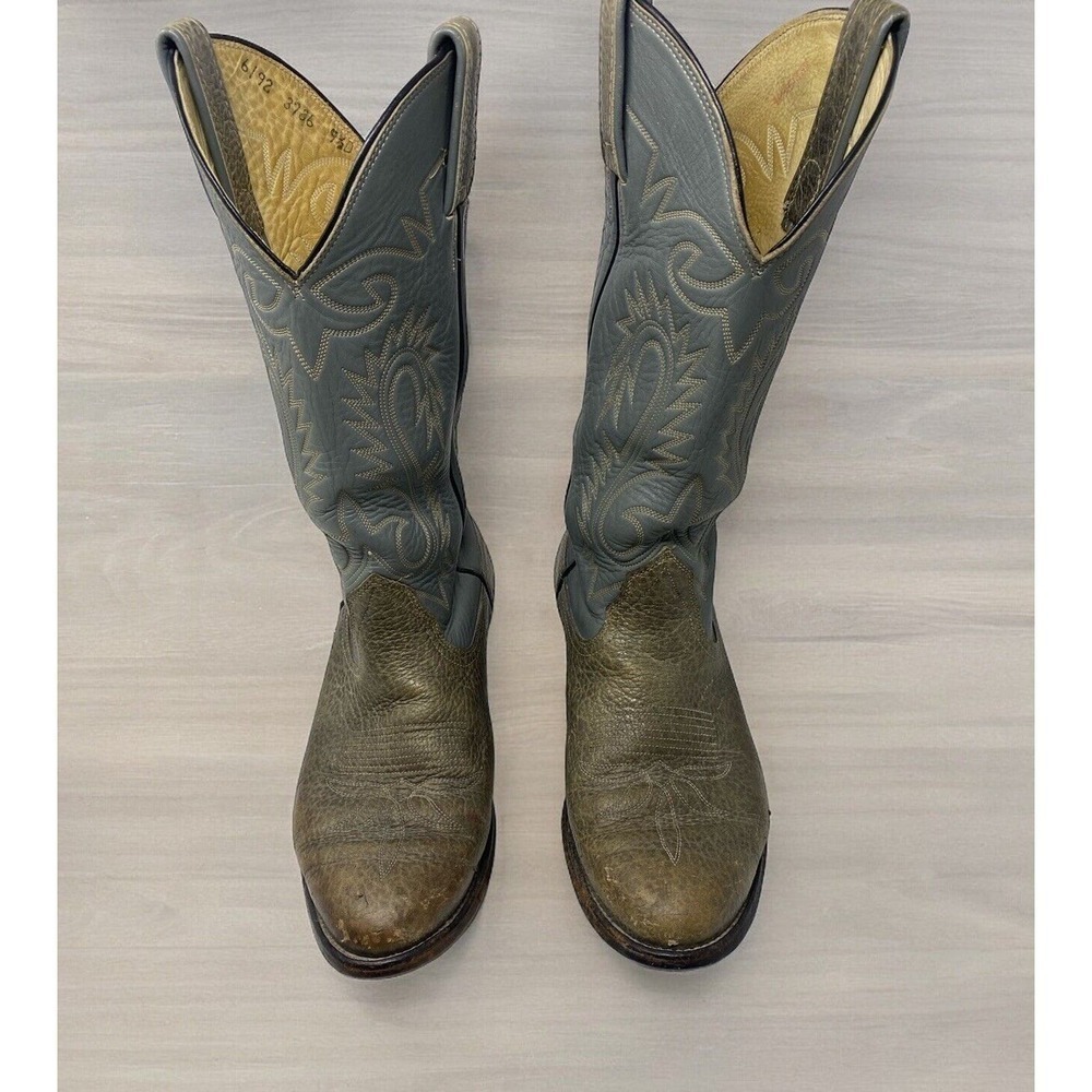 Vintage 80's Bona Allen‎ Tooled Gray Leather Western Cowboy Boots Men's 9.5 D